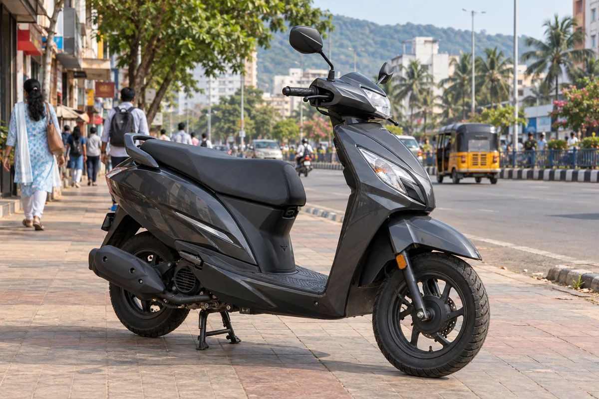 Generated illustration of a Scooty on a busy Vizag-style street; not an actual fleet photograph